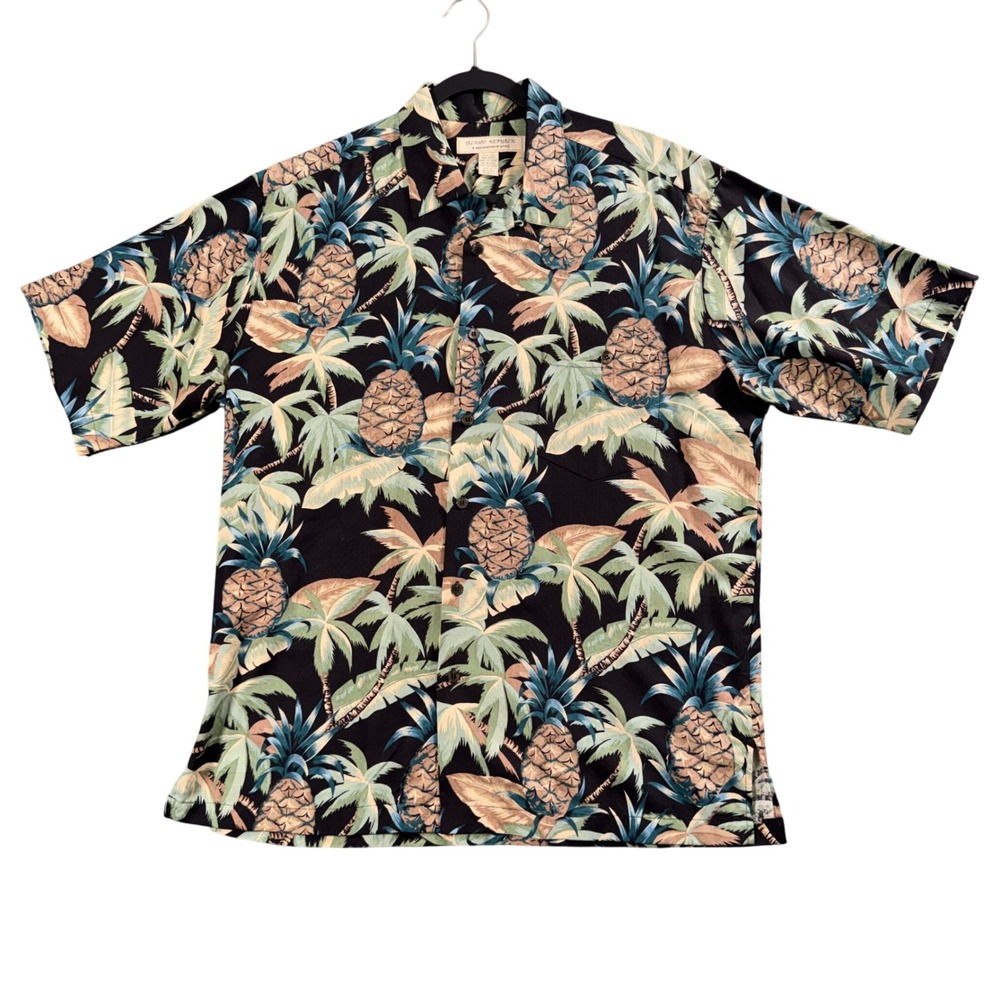 Island Republic Silk Hawaiian Shirt L Black Pineapple‎ Aloha Resort Luxe Cruise